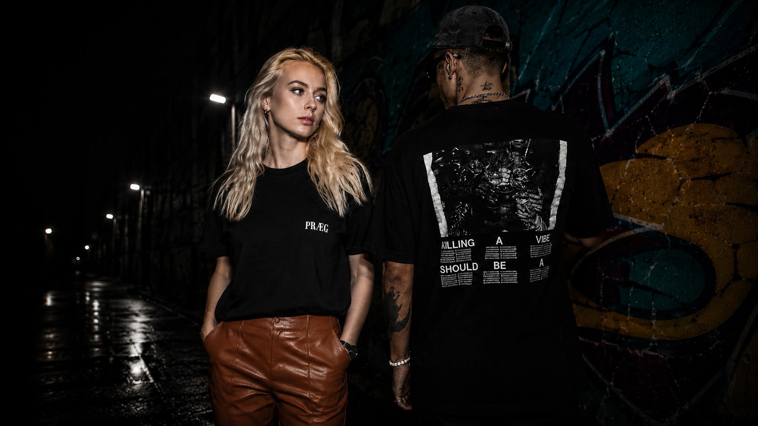 PRÆG — couple in a Copenhagen alley wearing Drop 001 heavyweight tees